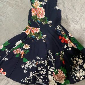 Sleeveless Navy Floral Dress with Pleated Skirt